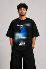Black oversized t-shirt with cinematic Rohit Sharma Hitman batting photo blue glow Beyond the ARCi bold text 220 GSM DTF print