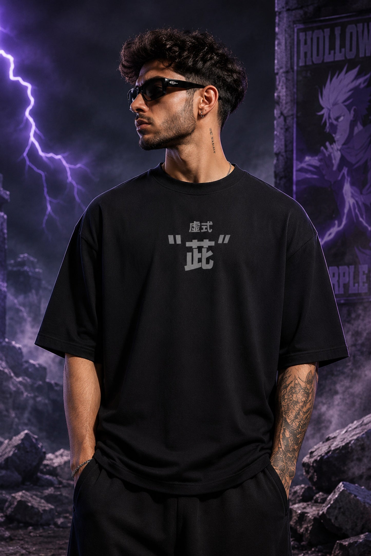 Black oversized anime tshirt with Gojo Hollow Purple Japanese kanji print from Jujutsu Kaisen JJK