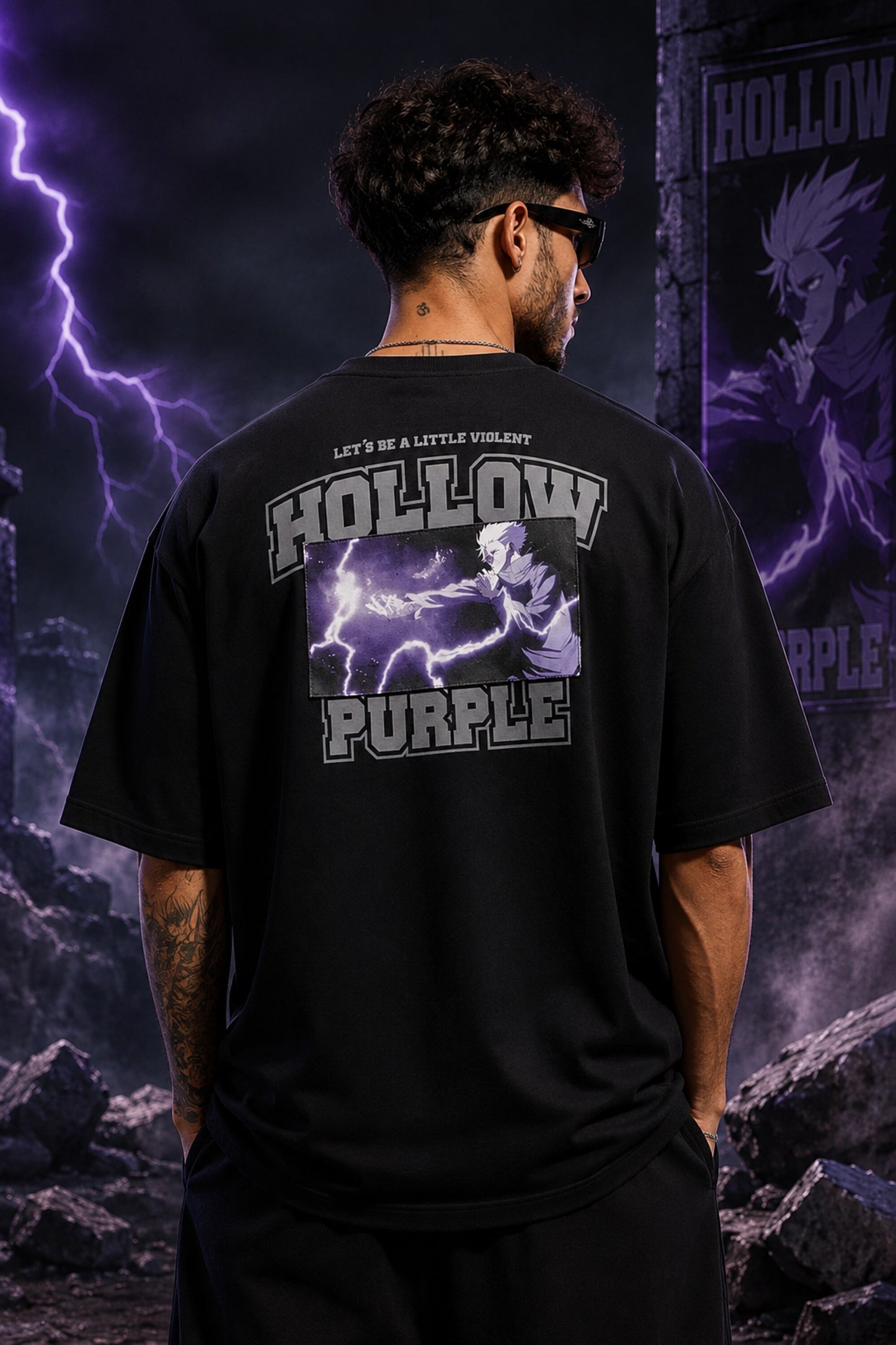 Black oversized anime tshirt with Gojo Hollow Purple Japanese kanji print from Jujutsu Kaisen JJK