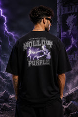 Black oversized anime tshirt with Gojo Hollow Purple Japanese kanji print from Jujutsu Kaisen JJK