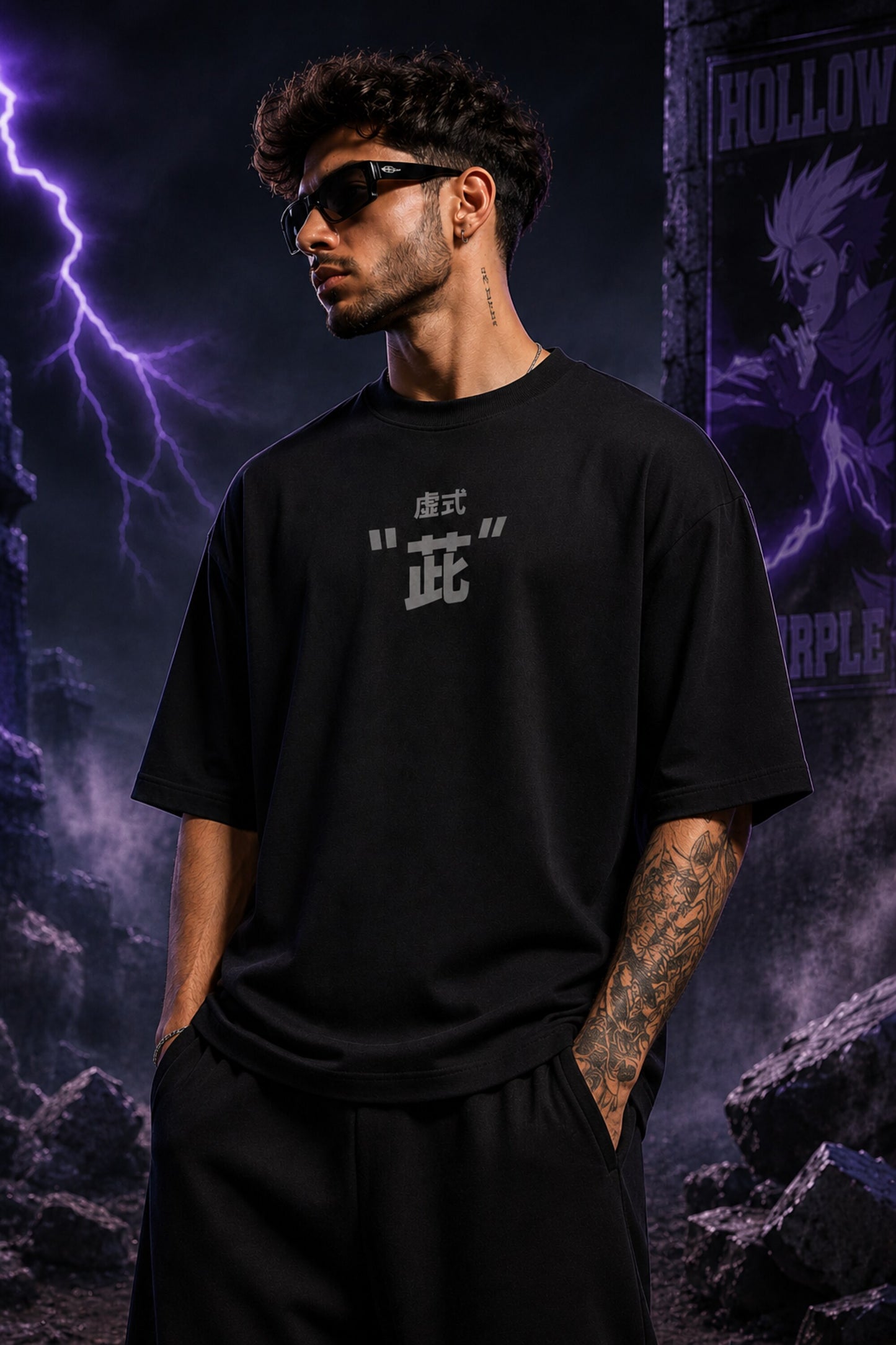 Black oversized anime tshirt with Gojo Hollow Purple Japanese kanji print from Jujutsu Kaisen JJK