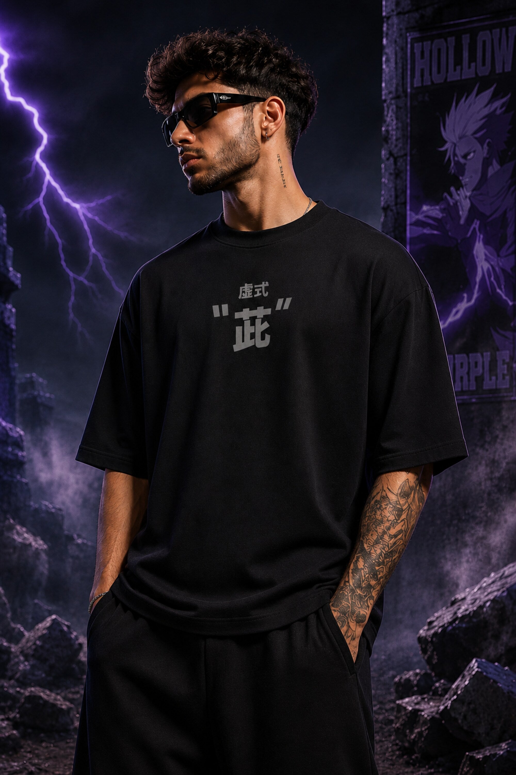 Black oversized anime tshirt with Gojo Hollow Purple Japanese kanji print from Jujutsu Kaisen JJK