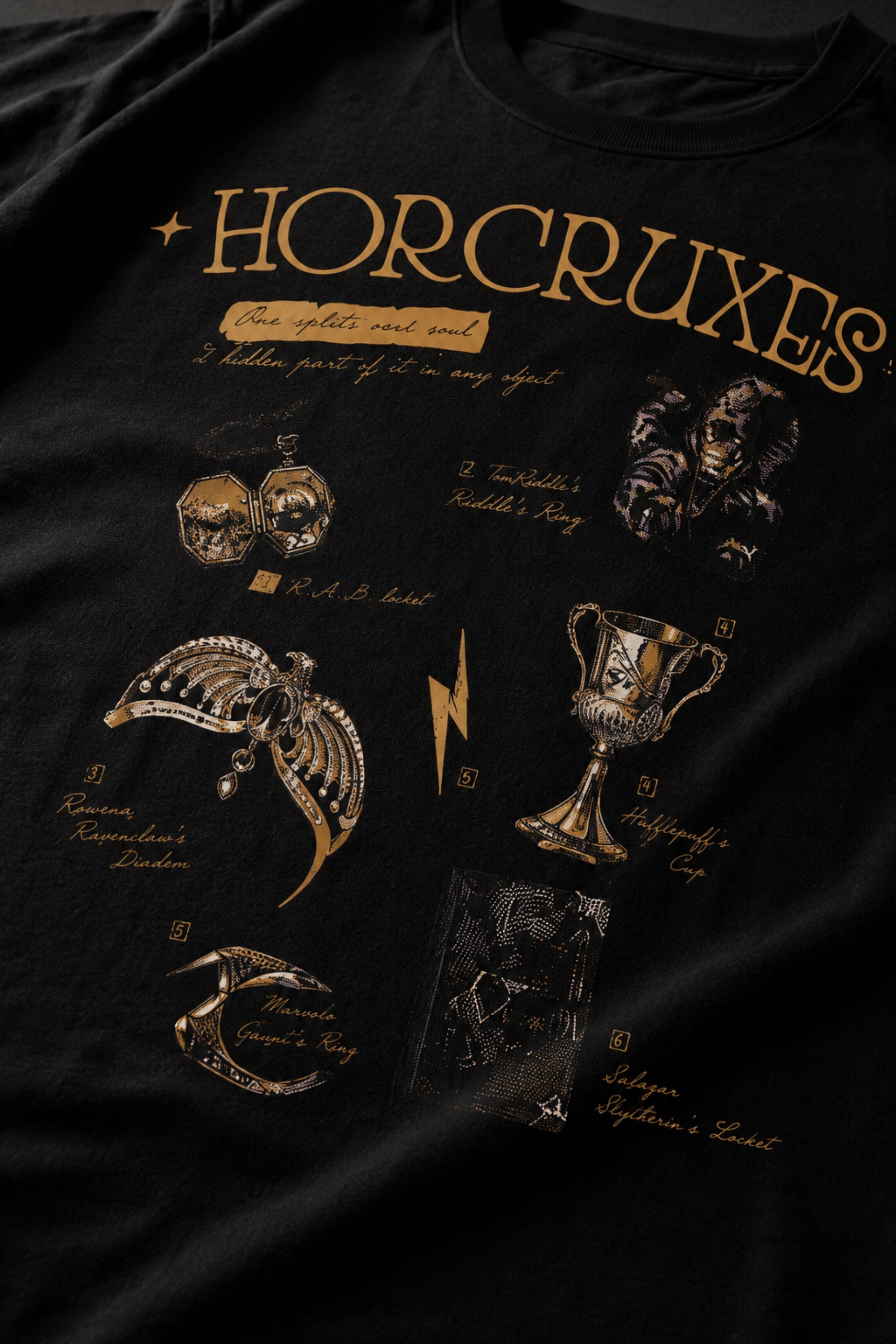 Beige oversized t-shirt with 'HORCRUXES' graphic and iconic Harry Potter items, showcasing premium cotton fabric and relaxed fit.