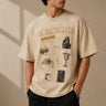 Beige oversized t-shirt with 'HORCRUXES' graphic and iconic Harry Potter items, showcasing premium cotton fabric and relaxed fit. - beige