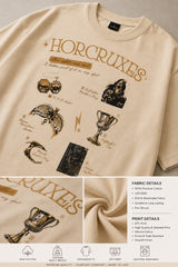 Beige oversized t-shirt with 'HORCRUXES' graphic and iconic Harry Potter items, showcasing premium cotton fabric and relaxed fit.