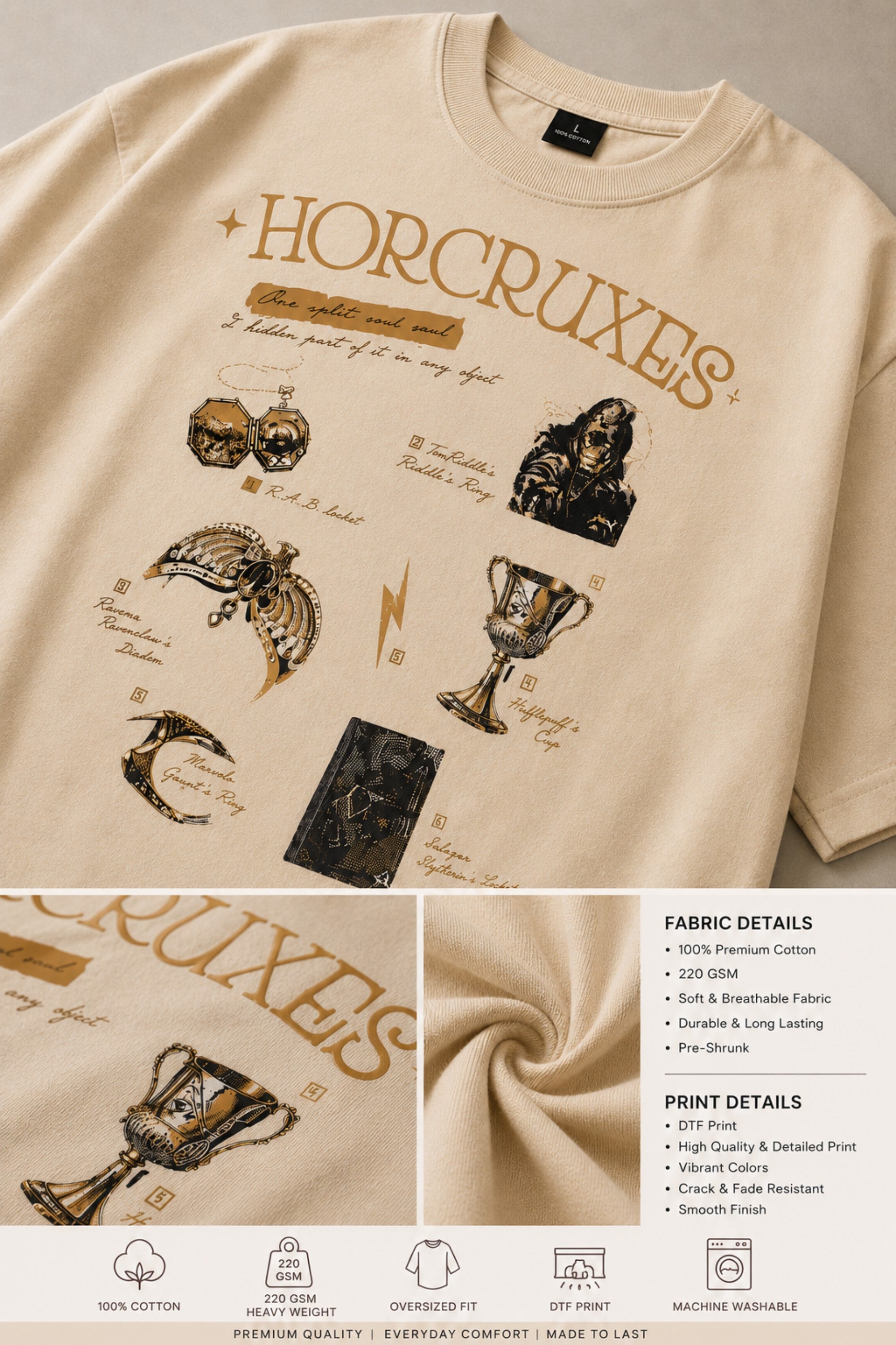 Beige oversized t-shirt with 'HORCRUXES' graphic and iconic Harry Potter items, showcasing premium cotton fabric and relaxed fit.