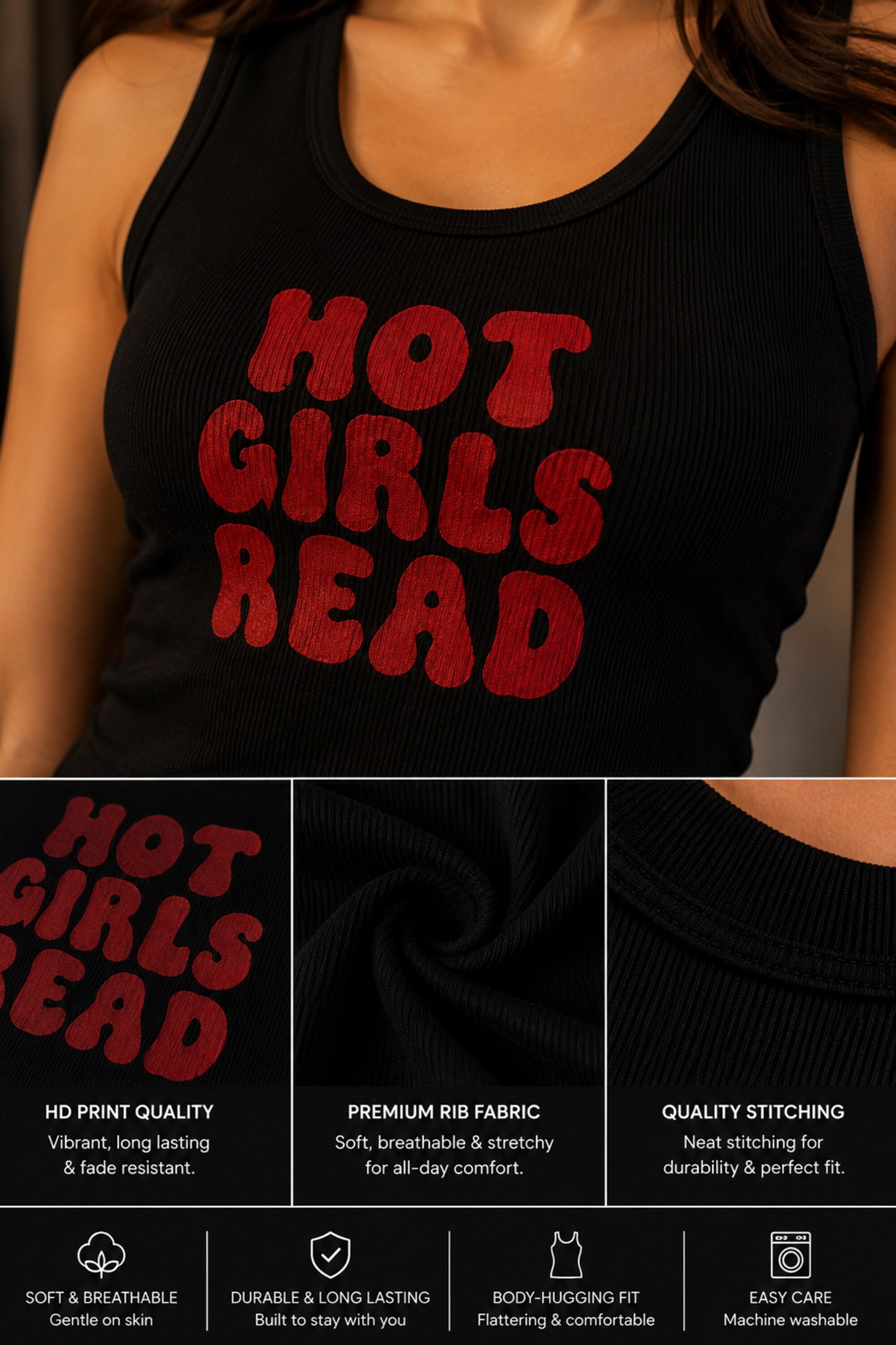 Black fitted crop tank top with HOT GIRLS READ bold HD graphic print text bookish aesthetic women statement sleeveless summer top