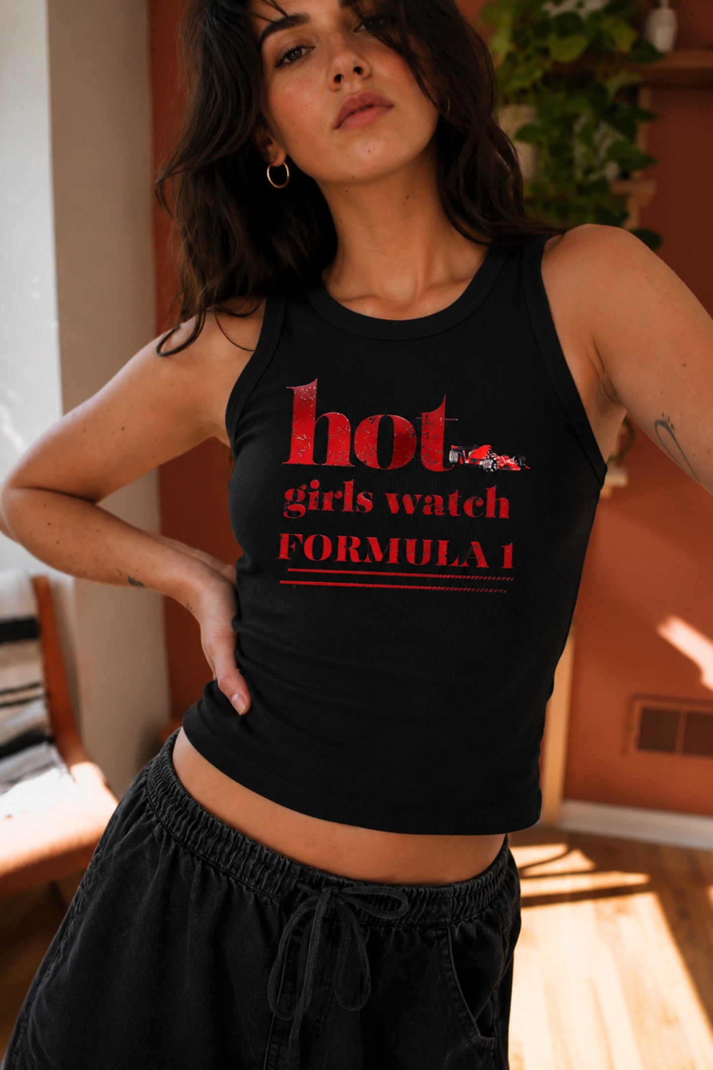 Red ribbed crop tank top with hot girls watch Formula 1 slogan DTF print 220 GSM ribbed fabric F1 fan girl streetwear