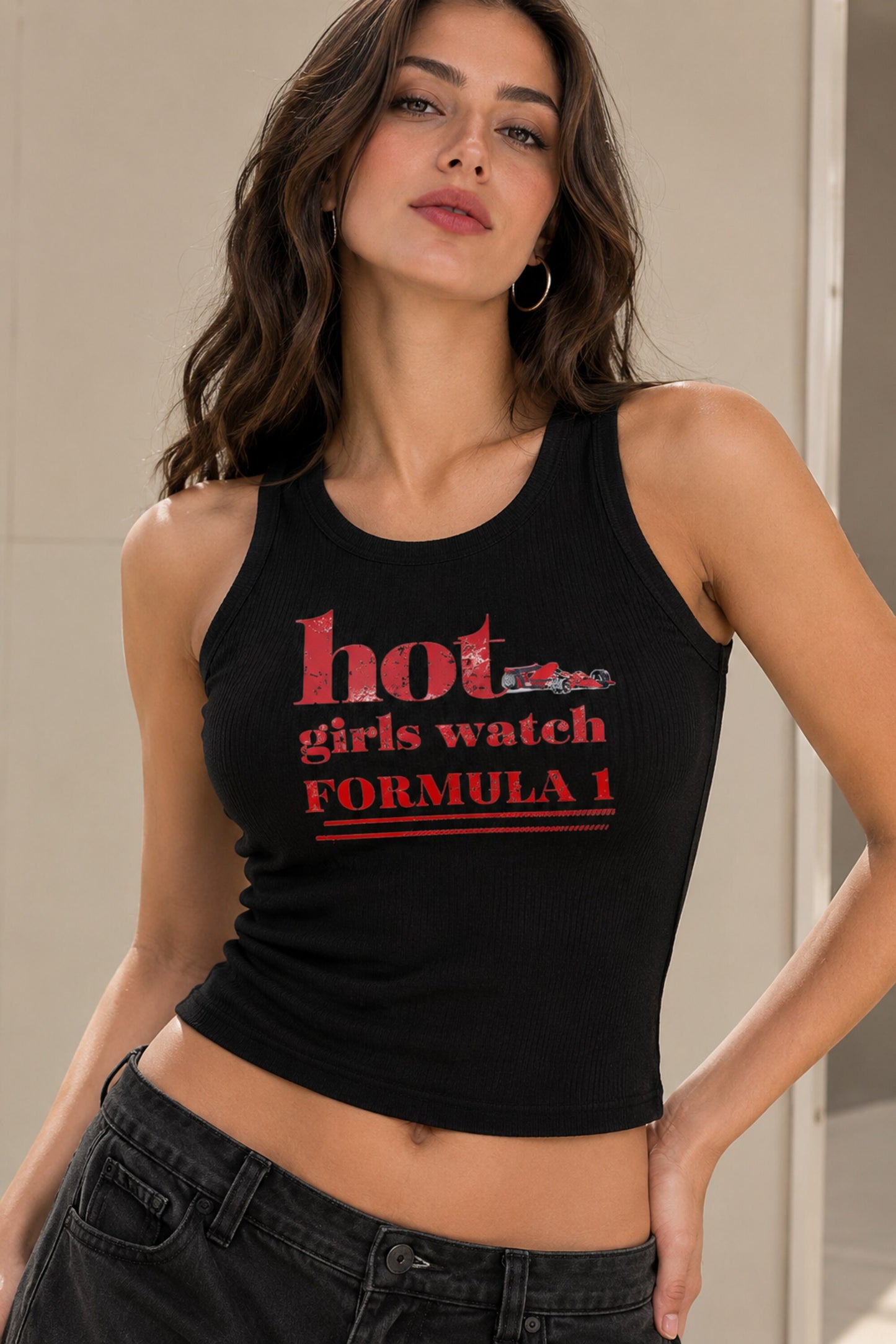 Red ribbed crop tank top with hot girls watch Formula 1 slogan DTF print 220 GSM ribbed fabric F1 fan girl streetwear