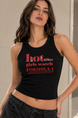 Red ribbed crop tank top with hot girls watch Formula 1 slogan DTF print 220 GSM ribbed fabric F1 fan girl streetwear
