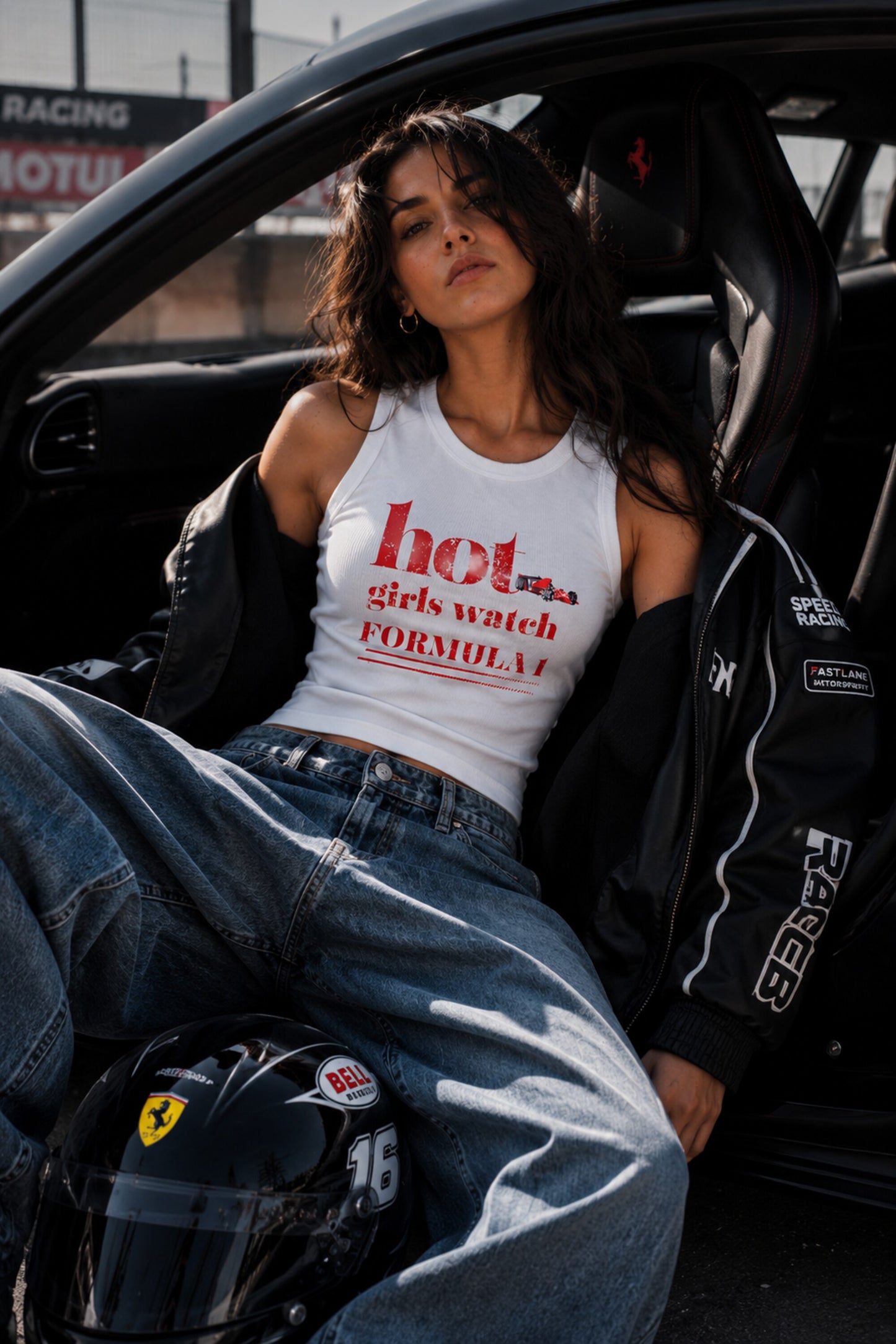 Red ribbed crop tank top with hot girls watch Formula 1 slogan DTF print 220 GSM ribbed fabric F1 fan girl streetwear