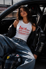 Red ribbed crop tank top with hot girls watch Formula 1 slogan DTF print 220 GSM ribbed fabric F1 fan girl streetwear