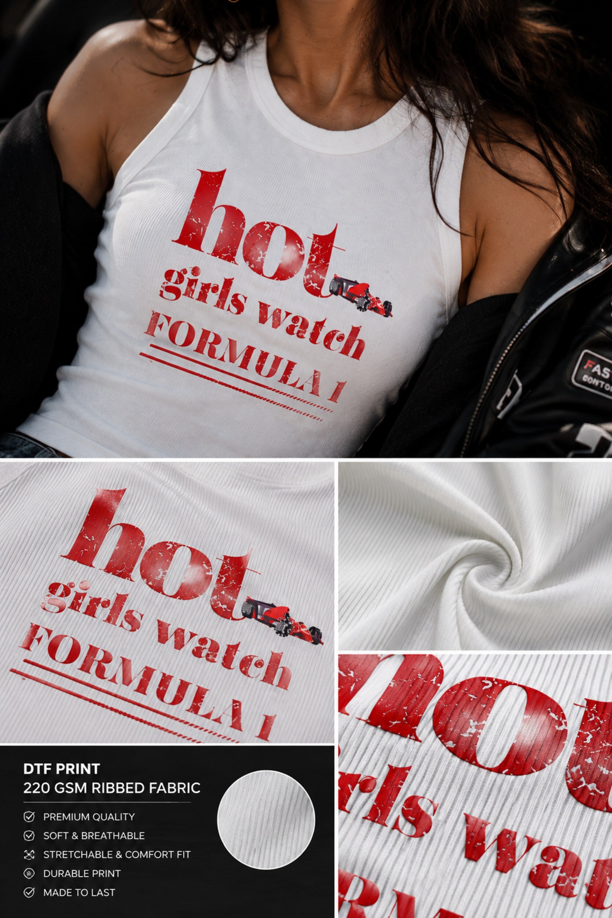 Red ribbed crop tank top with hot girls watch Formula 1 slogan DTF print 220 GSM ribbed fabric F1 fan girl streetwear