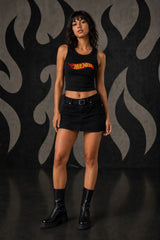 Black ribbed fitted crop tank top Hot Mess Hot Wheels flame logo graphic HD print premium cotton Y2K women POPCASE - black