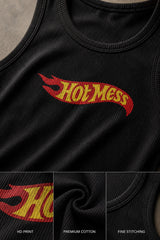 Black ribbed fitted crop tank top Hot Mess Hot Wheels flame logo graphic HD print premium cotton Y2K women POPCASE