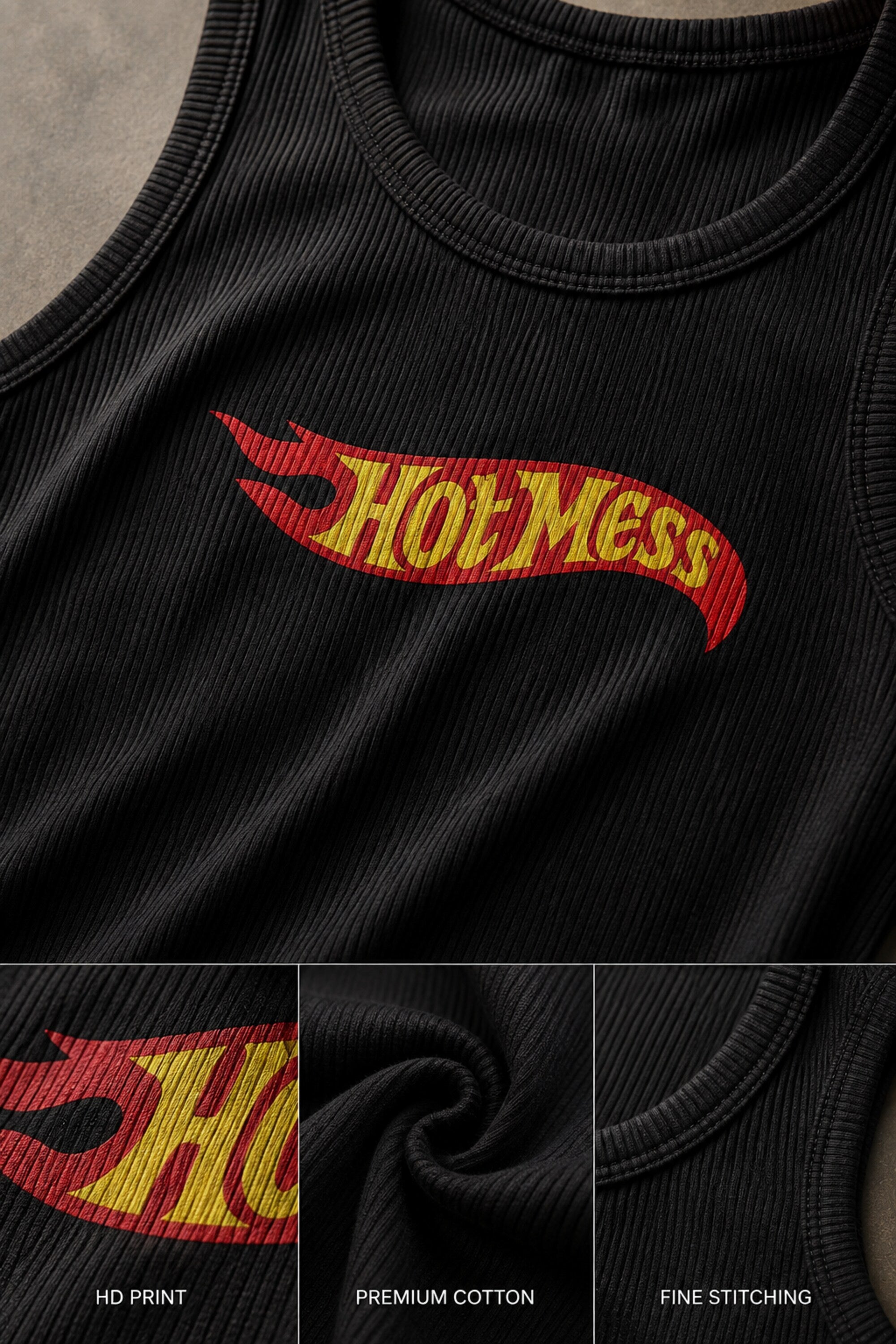 Black ribbed fitted crop tank top Hot Mess Hot Wheels flame logo graphic HD print premium cotton Y2K women POPCASE