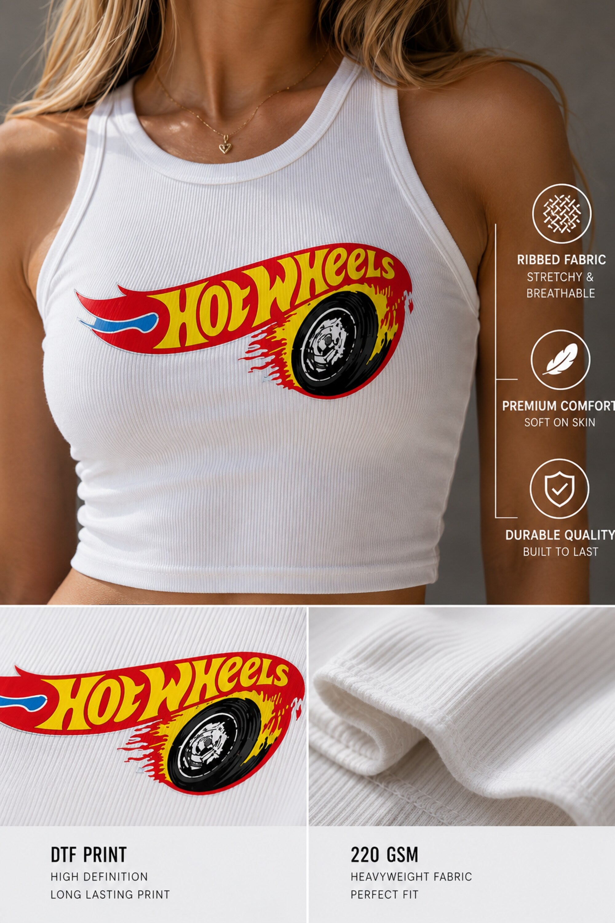White ribbed crop tank top with classic Hot Wheels red flame logo yellow text and spinning black wheel DTF print 220 GSM