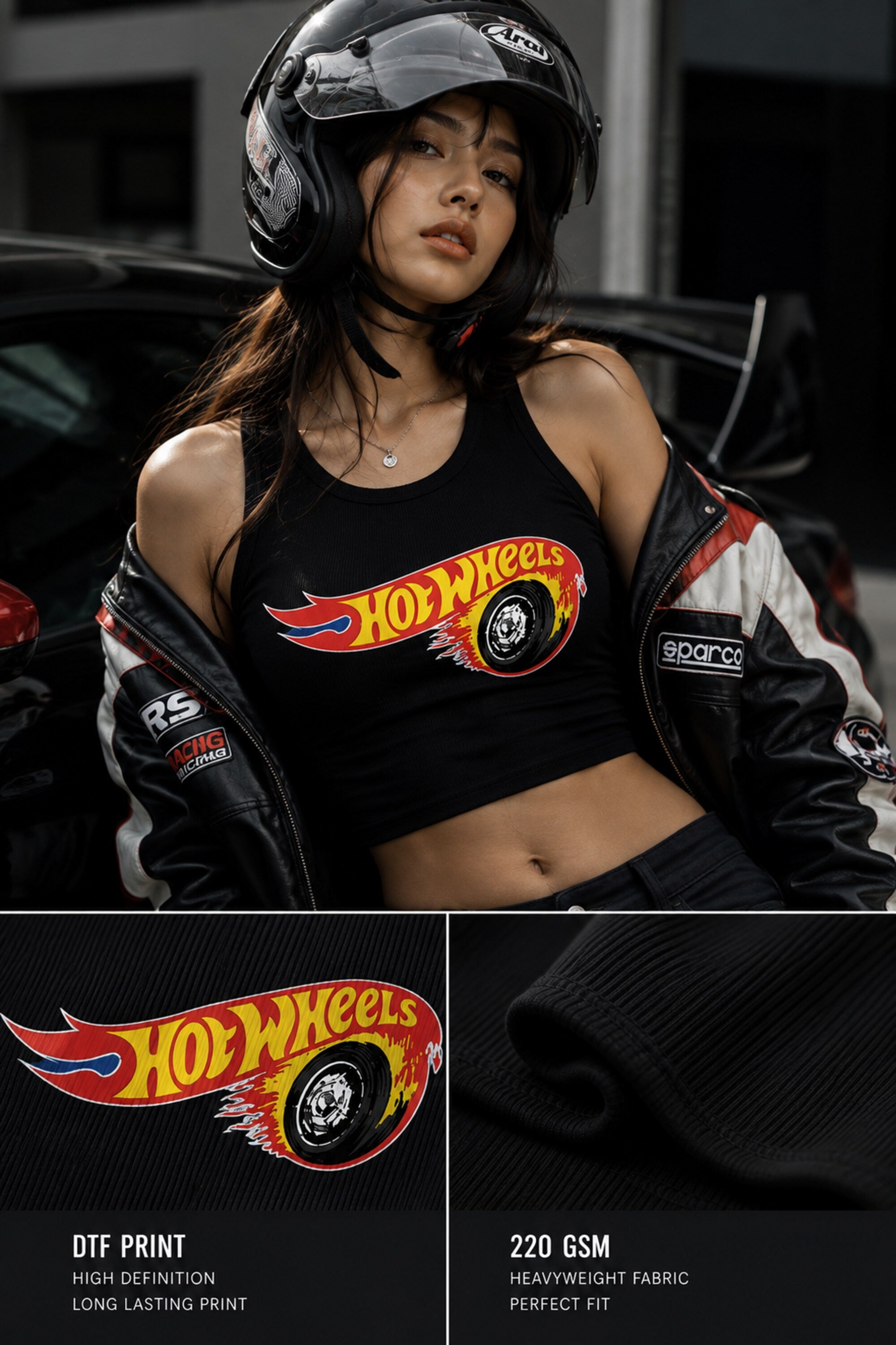 White ribbed crop tank top with classic Hot Wheels red flame logo yellow text and spinning black wheel DTF print 220 GSM - black