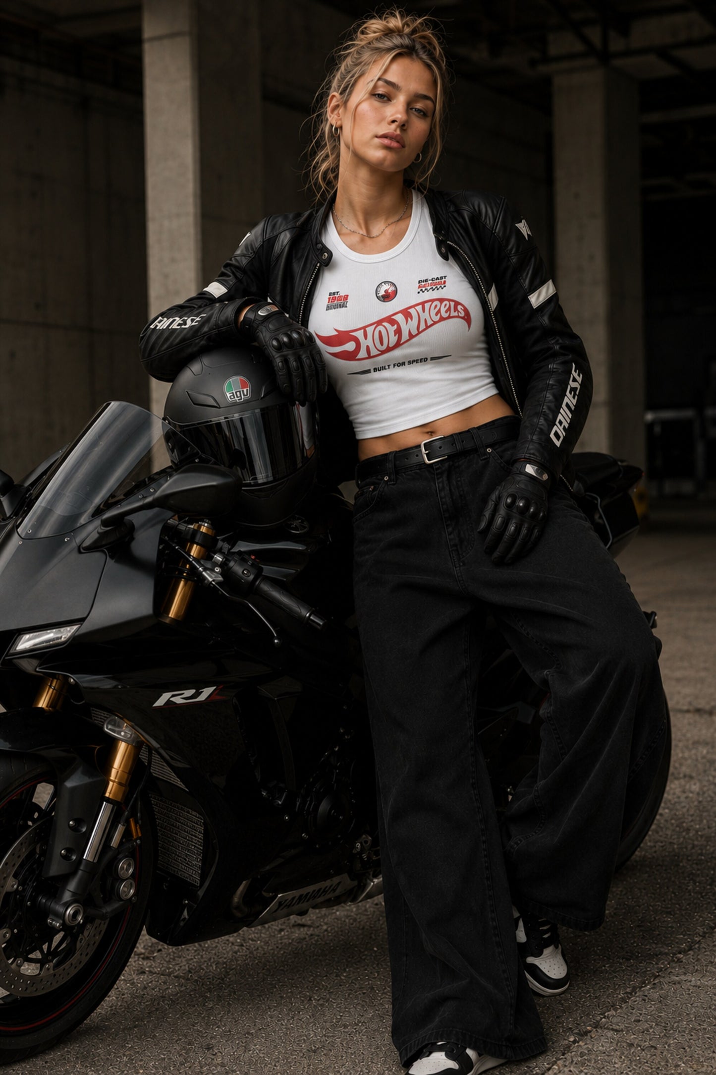 White ribbed crop tank top Hot Wheels racing jersey design EST 1968 Die-Cast Racing Built for Speed red flame logo DTF print 220 GSM - white