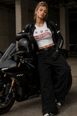 White ribbed crop tank top Hot Wheels racing jersey design EST 1968 Die-Cast Racing Built for Speed red flame logo DTF print 220 GSM - white