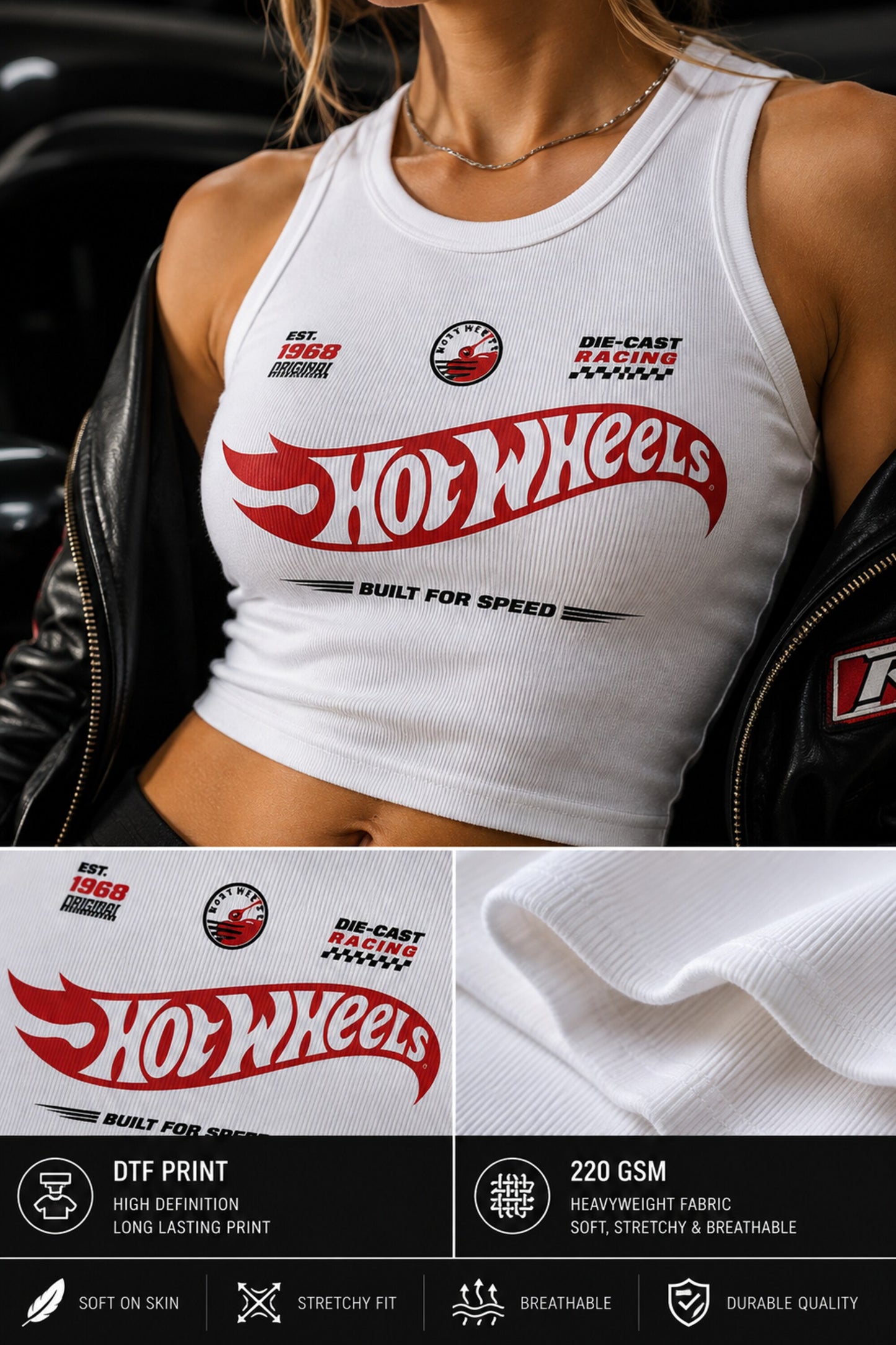 White ribbed crop tank top Hot Wheels racing jersey design EST 1968 Die-Cast Racing Built for Speed red flame logo DTF print 220 GSM