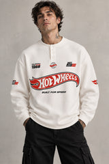 White waffle full sleeve boxy tshirt with Hot Wheels logo on chest and racing stripe sleeve print, henley collar, men India - white