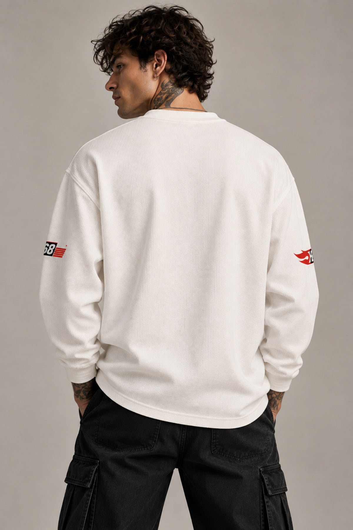 White waffle full sleeve boxy tshirt with Hot Wheels logo on chest and racing stripe sleeve print, henley collar, men India