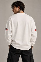 White waffle full sleeve boxy tshirt with Hot Wheels logo on chest and racing stripe sleeve print, henley collar, men India
