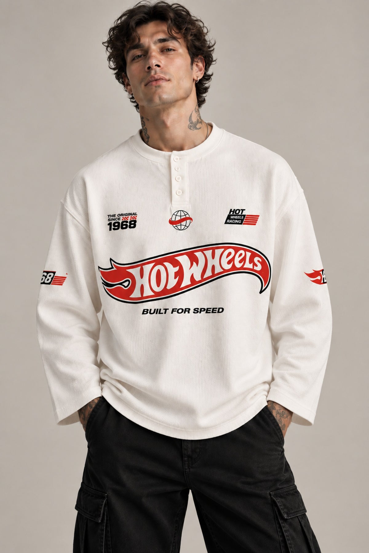 White waffle full sleeve boxy tshirt with Hot Wheels logo on chest and racing stripe sleeve print, henley collar, men India