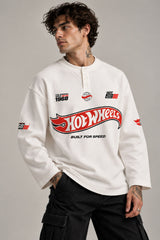 White waffle full sleeve boxy tshirt with Hot Wheels logo on chest and racing stripe sleeve print, henley collar, men India