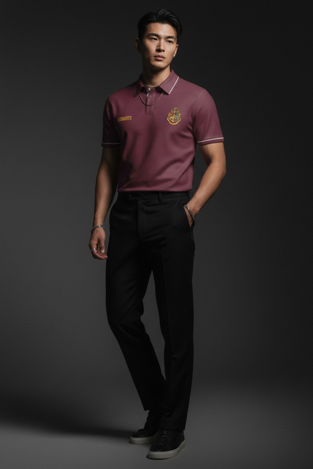 Man wearing a Harry Potter Hogwarts Polo T-Shirt for Men & Women 