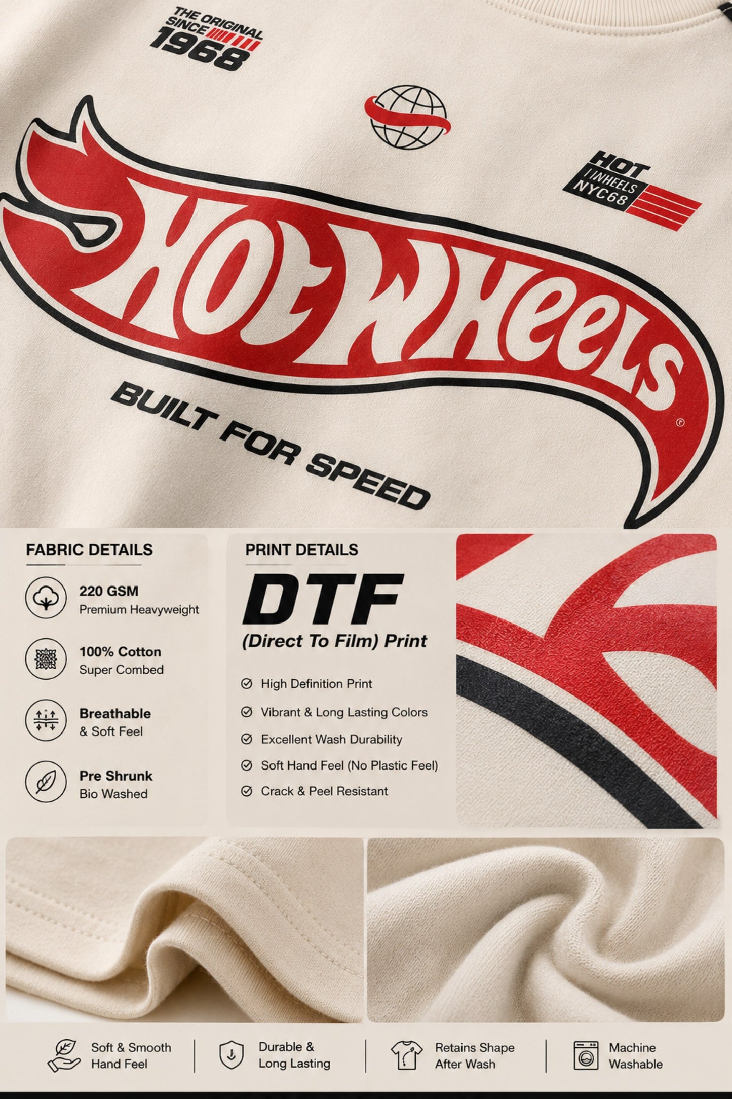 Beige oversized t-shirt with large red and black HOT WHEELS 'Original Since 1968' graphic print on the front, showcasing premium fabric texture.