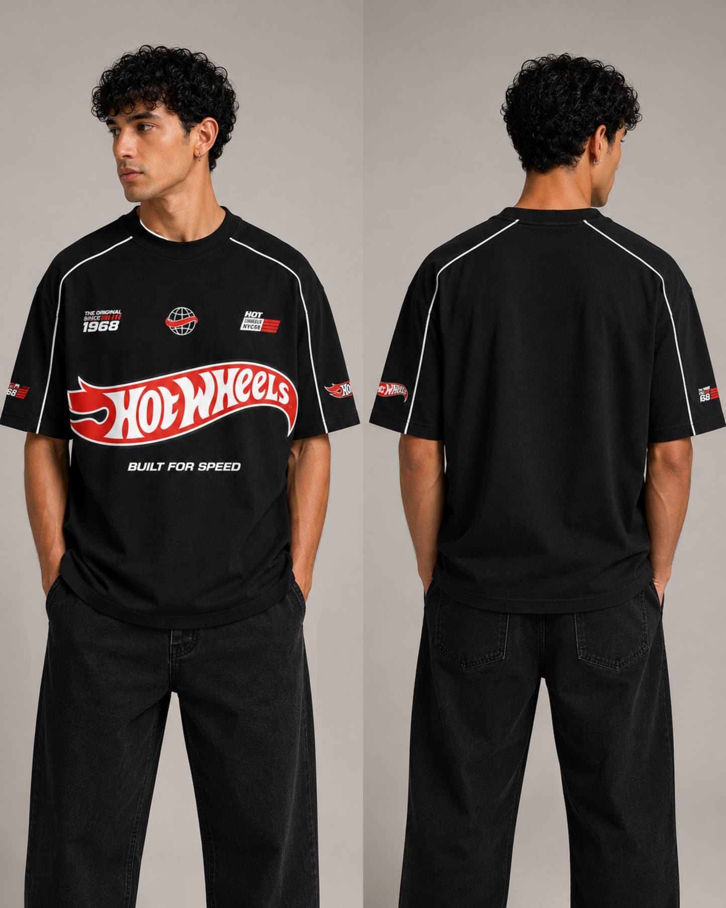 Beige oversized t-shirt with large red and black HOT WHEELS 'Original Since 1968' graphic print on the front, showcasing premium fabric texture. - black