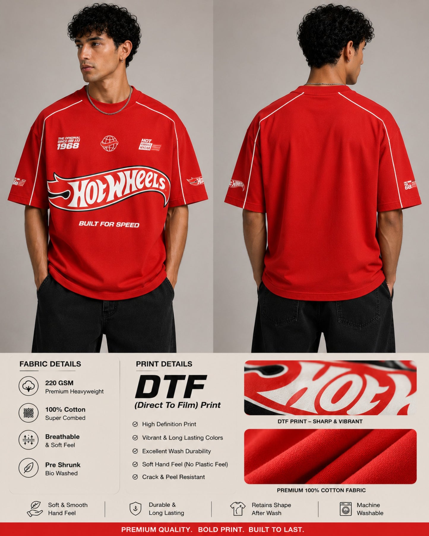 Beige oversized t-shirt with large red and black HOT WHEELS 'Original Since 1968' graphic print on the front, showcasing premium fabric texture. - red