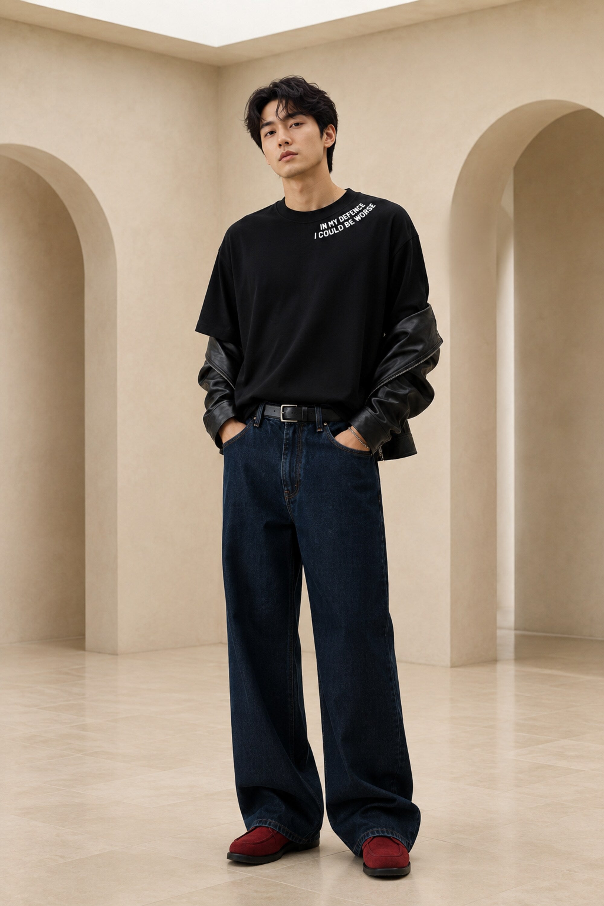 White oversized t-shirt with In My Defence I Could Be Worse diagonal bold text print on chest, quote fashion India