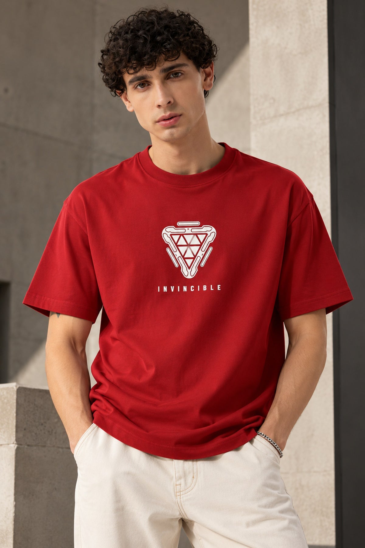 Red oversized tshirt with arc reactor geometric diamond white print on chest and Invincible text, drop shoulder boxy fit, men India