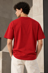 Red oversized tshirt with arc reactor geometric diamond white print on chest and Invincible text, drop shoulder boxy fit, men India