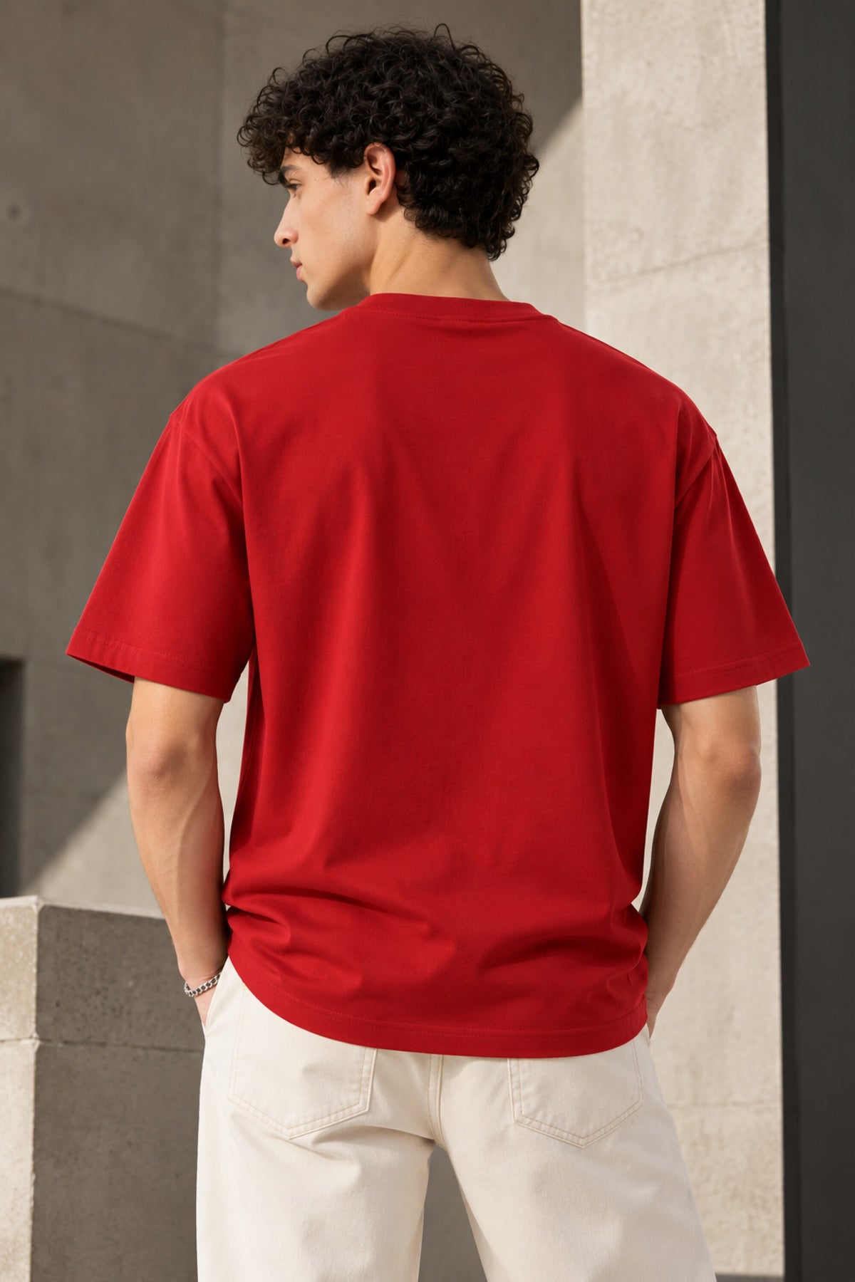 Red oversized tshirt with arc reactor geometric diamond white print on chest and Invincible text, drop shoulder boxy fit, men India