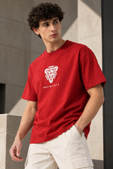 Red oversized tshirt with arc reactor geometric diamond white print on chest and Invincible text, drop shoulder boxy fit, men India