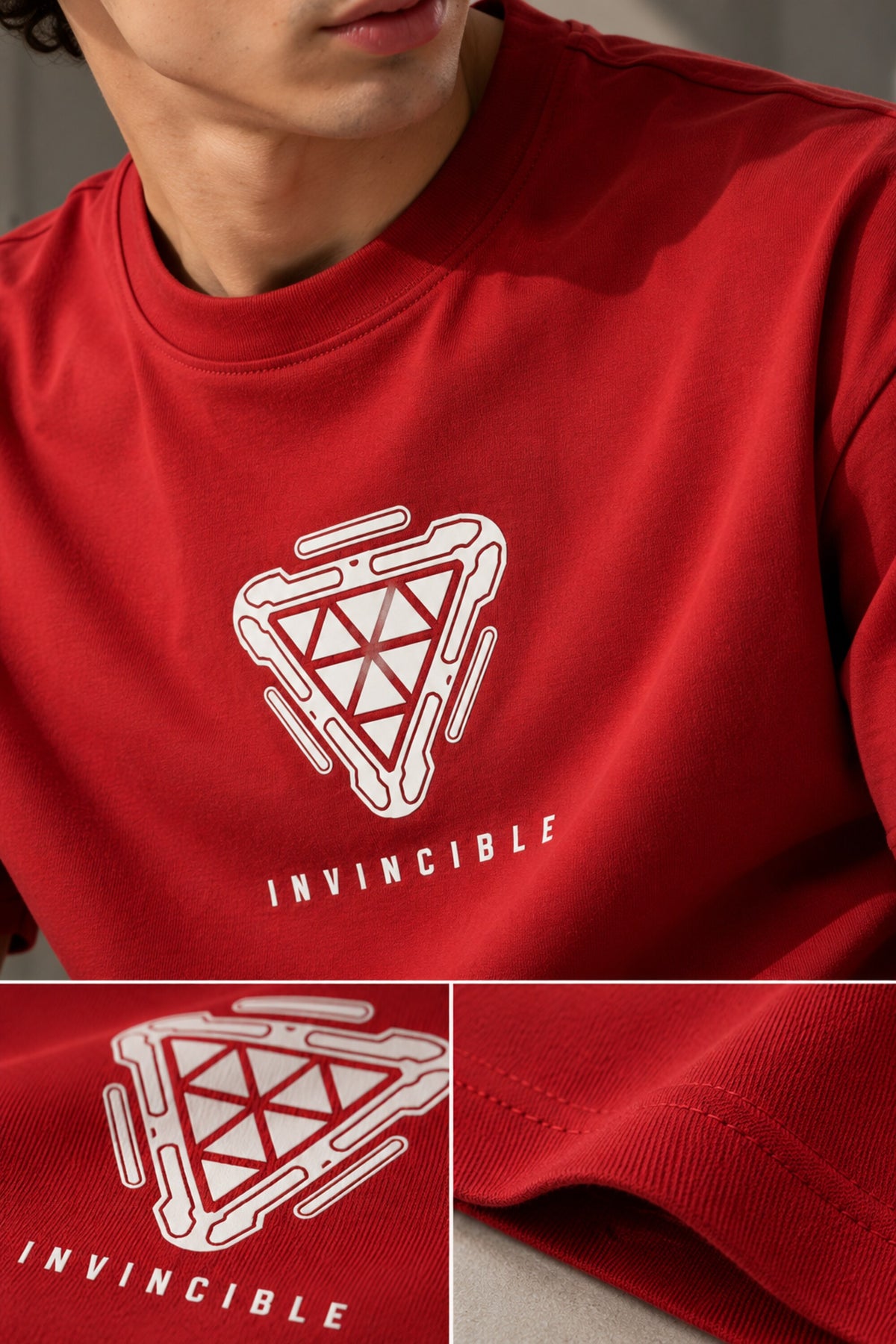 Red oversized tshirt with arc reactor geometric diamond white print on chest and Invincible text, drop shoulder boxy fit, men India