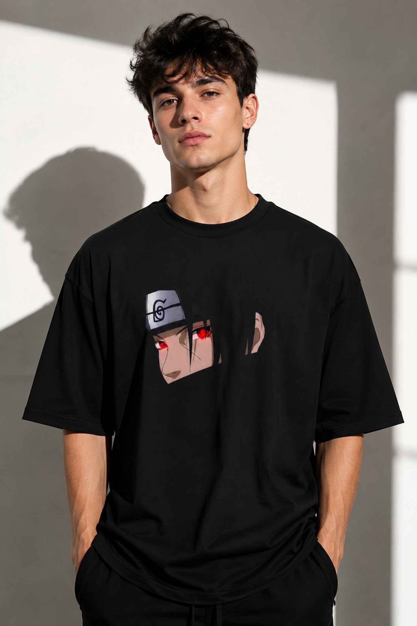 Itachi oversized black t-shirt with subtle ITACHI name print on back, minimalist anime streetwear India