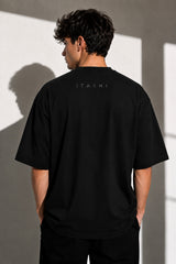 Itachi oversized black t-shirt with subtle ITACHI name print on back, minimalist anime streetwear India