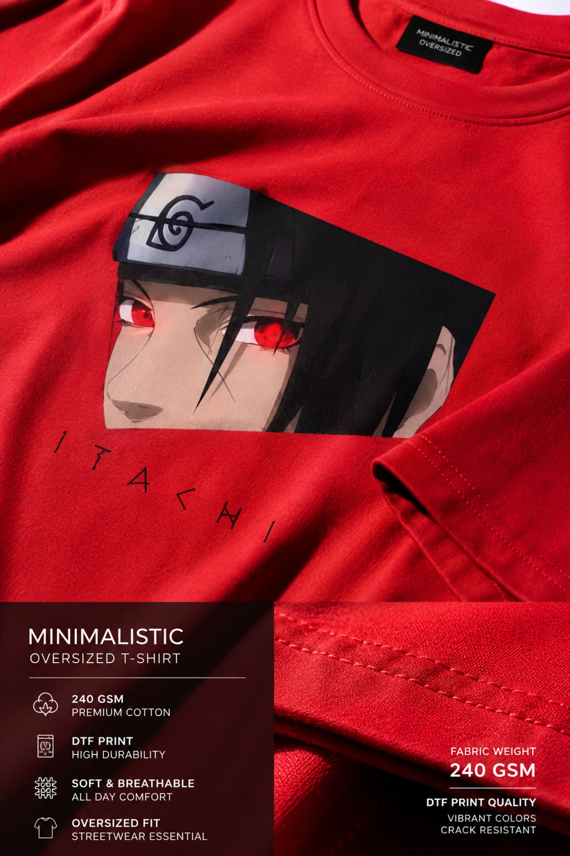 Itachi oversized black t-shirt with subtle ITACHI name print on back, minimalist anime streetwear India
