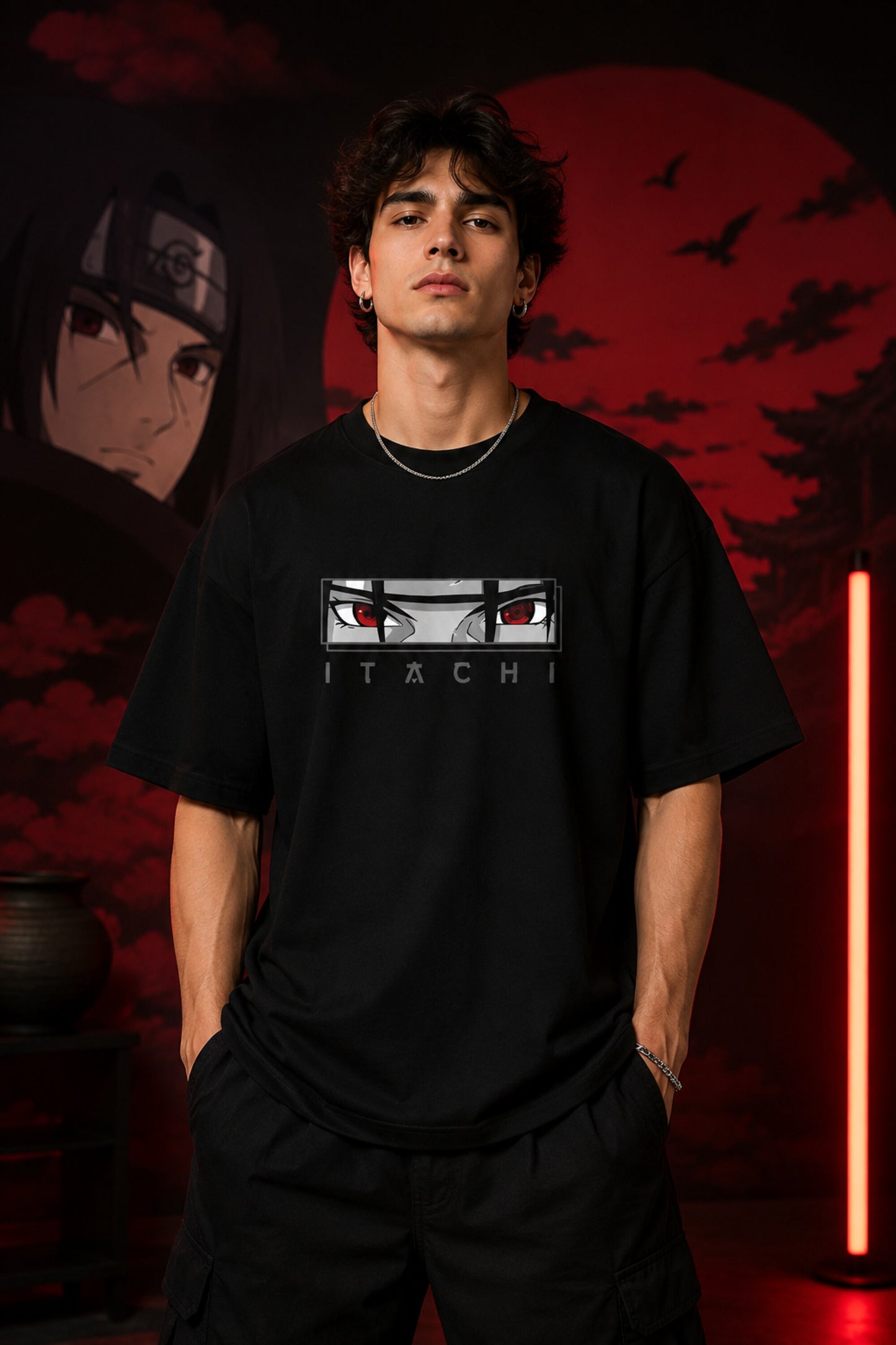 Black Itachi Sharingan eyes oversized t-shirt with red eye graphic and ITACHI text, anime streetwear India - black
