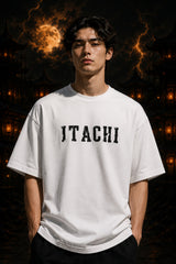 White oversized tshirt with bold distressed ITACHI text print from Naruto anime Uchiha clan - white