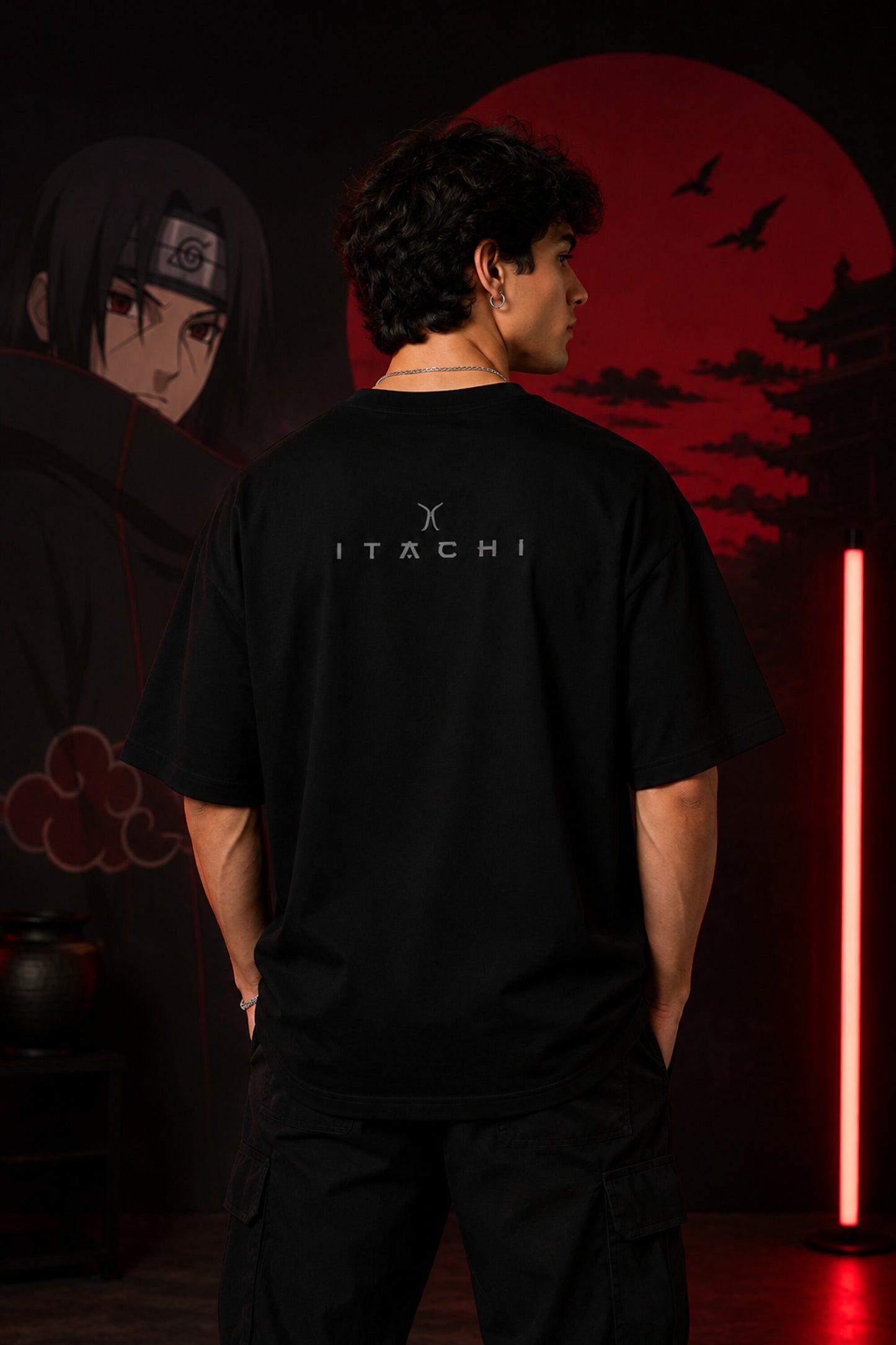 Black Itachi Sharingan eyes oversized t-shirt with red eye graphic and ITACHI text, anime streetwear India