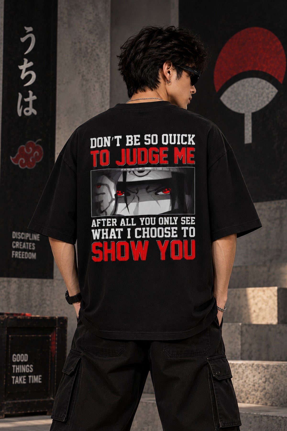 Black Naruto anime oversized tshirt with Itachi Uchiha Sharingan eyes HD print and Don't Judge Me quote with Uchiha symbol