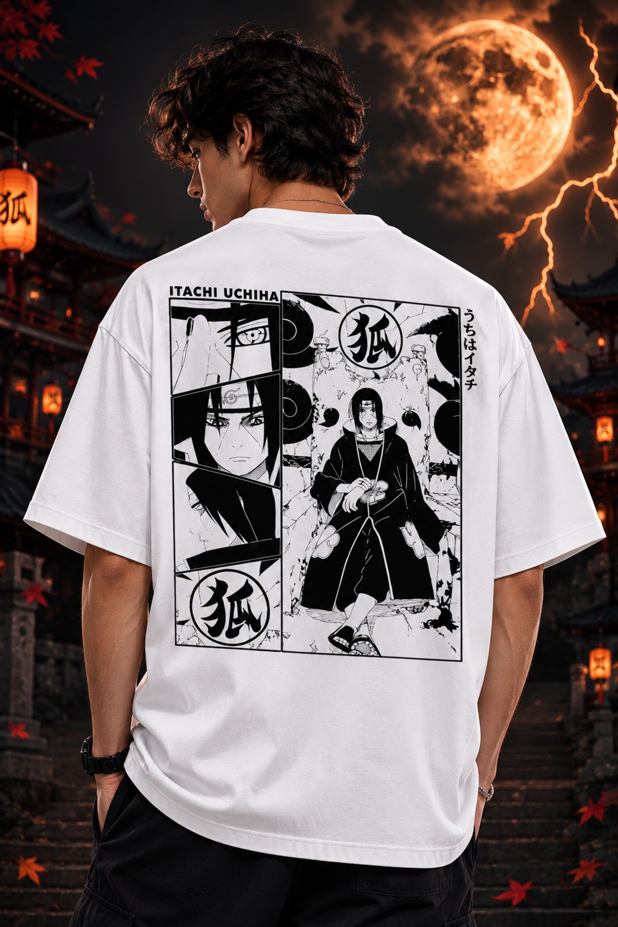 White oversized tshirt with bold distressed ITACHI text print from Naruto anime Uchiha clan