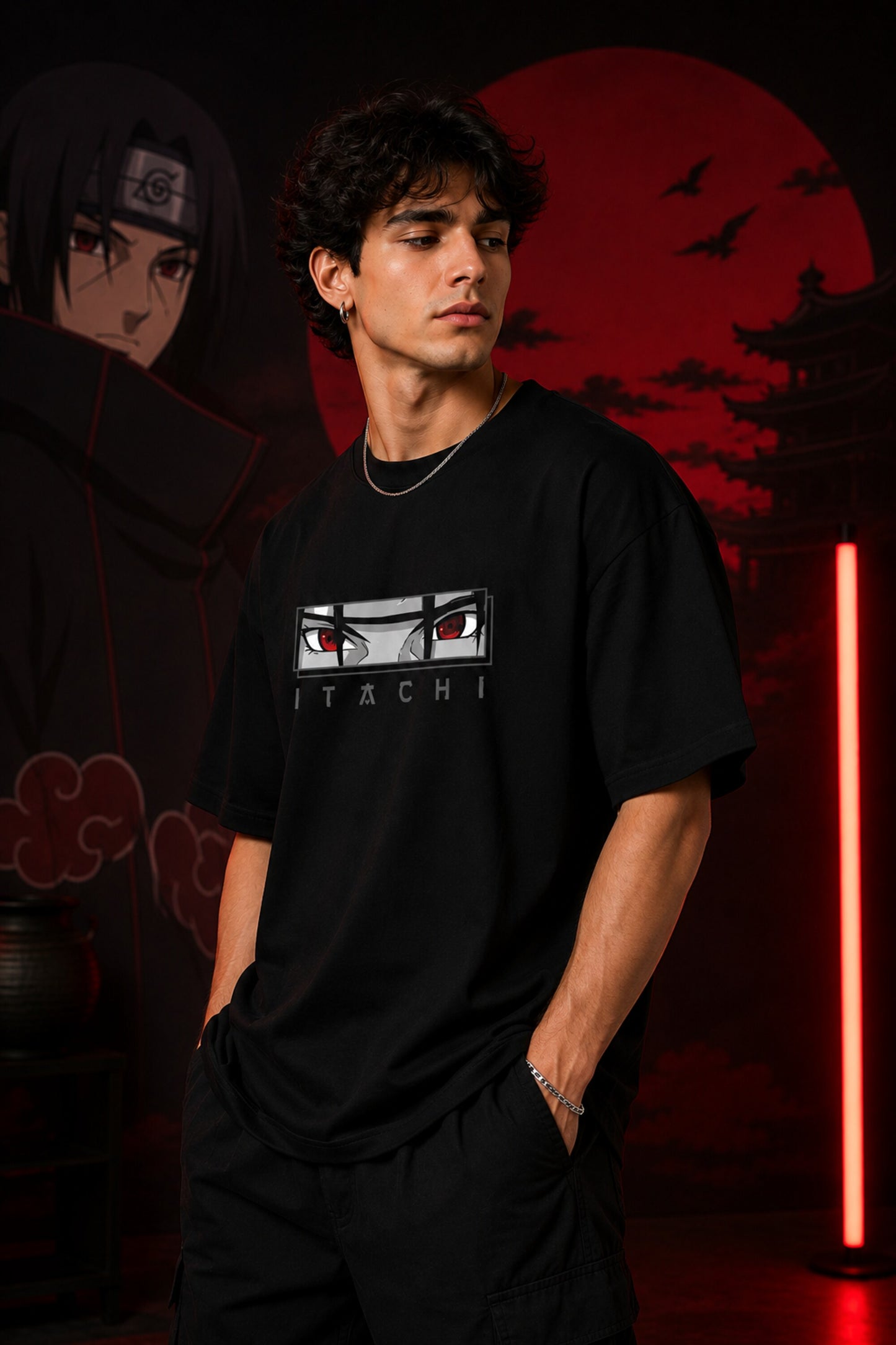 Black Itachi Sharingan eyes oversized t-shirt with red eye graphic and ITACHI text, anime streetwear India
