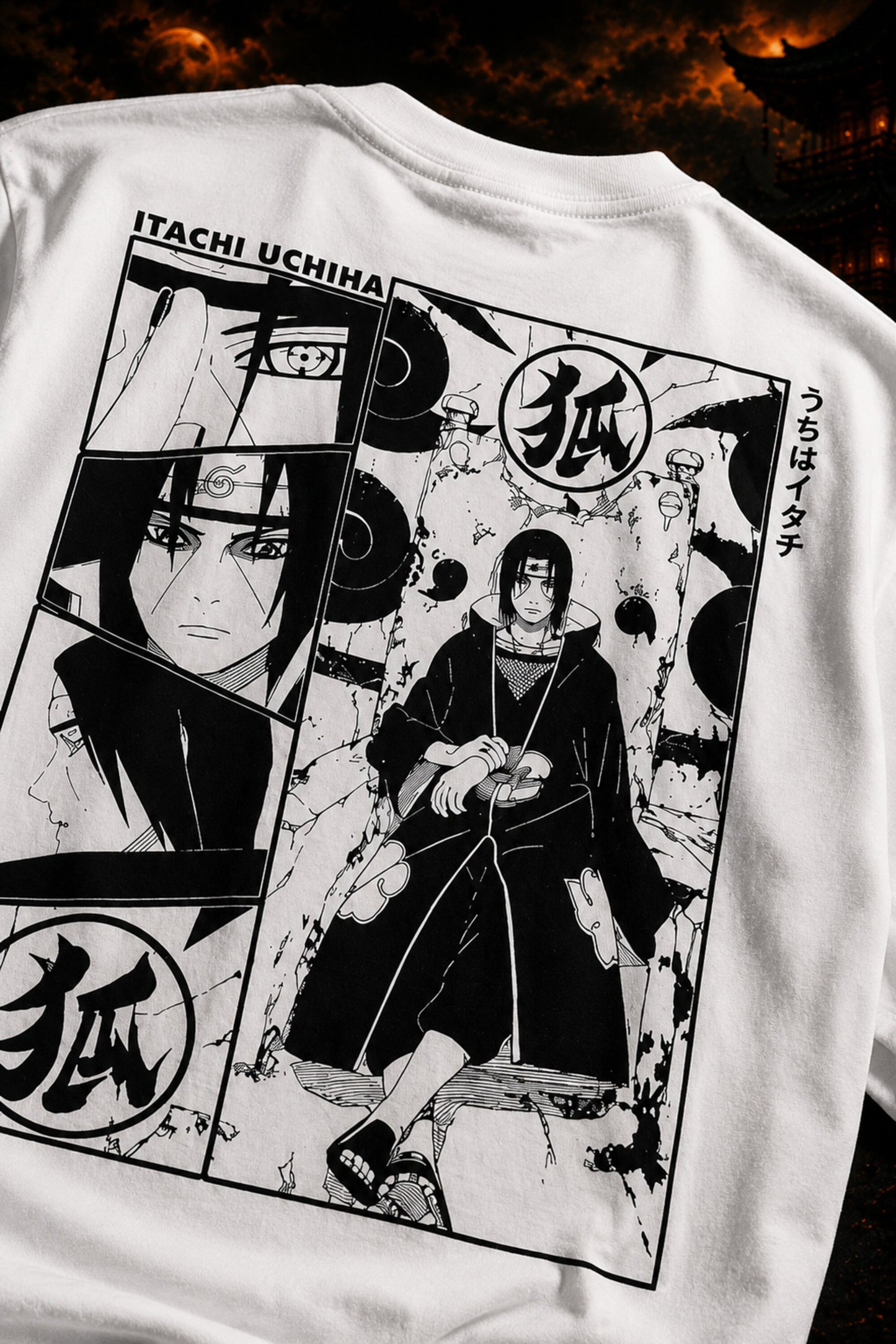 White oversized tshirt with bold distressed ITACHI text print from Naruto anime Uchiha clan